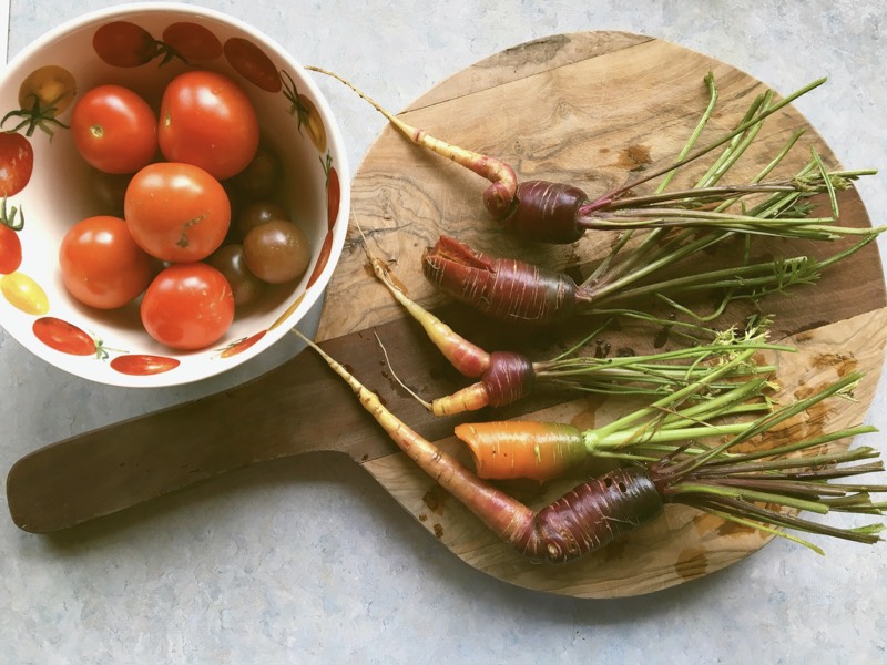 home grown tomatoes and carrots